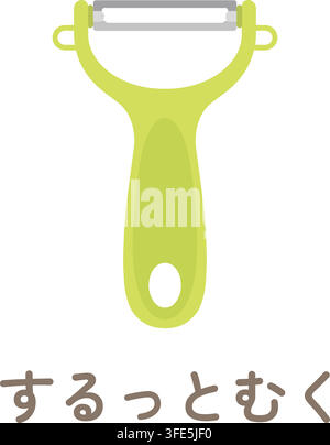 A green handled vegetable peeler appears with Japanese text meaning Peel Smoothly. Stock Vector