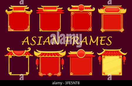 Oriental asian roof and gate game frames set, vector UI. Cartoon ancient asian house door, temple or palace building entrance with red lanterns, ceram Stock Vector