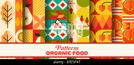 Organic food and autumn harvest seamless geometric patterns. Vector abstract farm food tile backgrounds with fruits, plants, leaves, veggies and retro Stock Vector