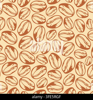 Brown Coffee Beans Seamless Pattern on Beige Background Stock Vector