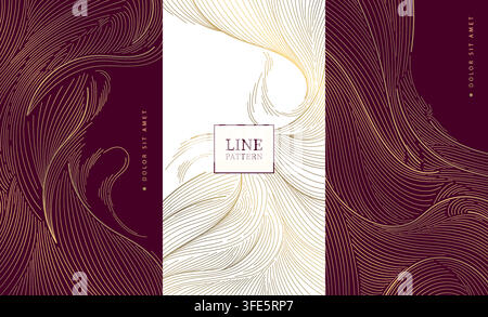 Luxury abstract burgundy and gold wave pattern with elegant lines, geometric Art Deco elements, Japanese design. Wine labels, packaging, chocolate box Stock Vector