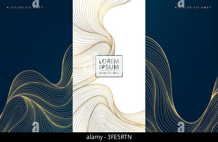 Luxury blue and gold wave pattern with elegant lines, geometric Art Deco elements, Japanese design. Wine labels, packaging, chocolate boxes, menus Stock Vector