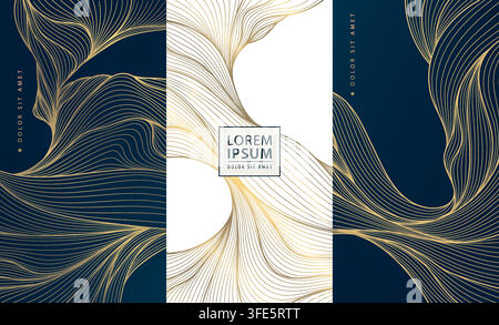 Luxury blue and gold wave pattern with elegant lines, geometric Art Deco elements, Japanese design. Wine labels, packaging, chocolate boxes, menus Stock Vector