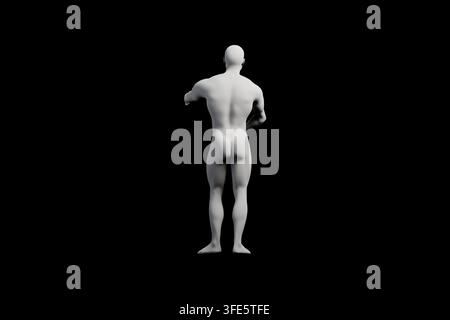 A clean and minimalistic single-view render showcasing a male figure standing with its back to the viewer against a matte black studio backdrop. Stock Photo