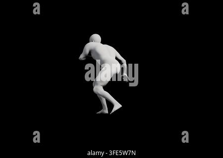 A striking and energetic depiction of a mannequin mid-jump, showcasing fluid motion and balance within a minimalist black studio setting. Stock Photo