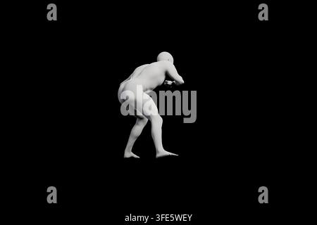 A detailed render of a male figure in mid-bend during a capoeira movement against a stark black backdrop. Stock Photo