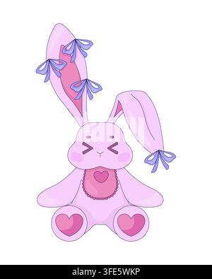 Cute pink bunny plush toy with heart and bow decorations 2D cartoon clip art Stock Vector