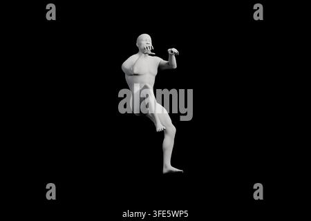 A detailed render of a fat man in motion, climbing with determination towards the upper part of the frame on a stark black studio background. Stock Photo