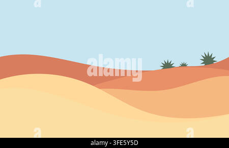 Flat Vector Illustration of Minimalist Desert Landscape with Sand Dunes, Clear Blue Sky, and Desert Plants Stock Vector