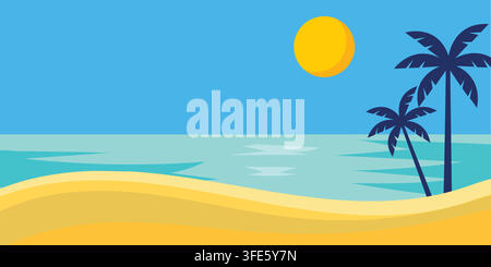 Tropical Summer Beach Landscape Vector Background with Sunny Sky, Turquoise Sea, Sand Dunes, and Palm TreesTropical Summer Beach Landscape Vector Back Stock Vector