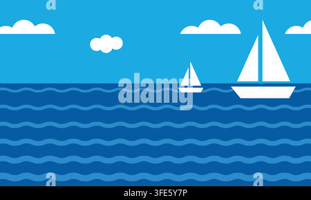 Flat Vector Illustration of Sailboats Sailing on the Wavy Blue Sea with White Clouds in the Sky Stock Vector