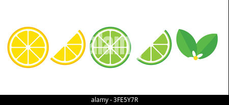 Vector Set of Fresh Lemon and Lime Slices, Segments, and Green Leaves Isolated on White Background Stock Vector