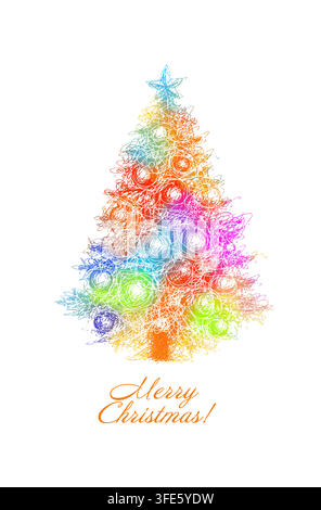 colored Christmas tree on a white background. Hand drawn. Not AI, vector illustration. Stock Vector