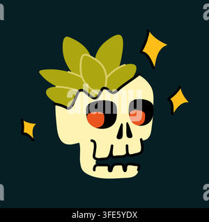 Creepy Halloween human skull with plant hand drawn vector icon for sticker design Stock Vector