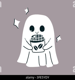 Cute coffee ghost doodle vector illustration for Halloween sticker design Stock Vector