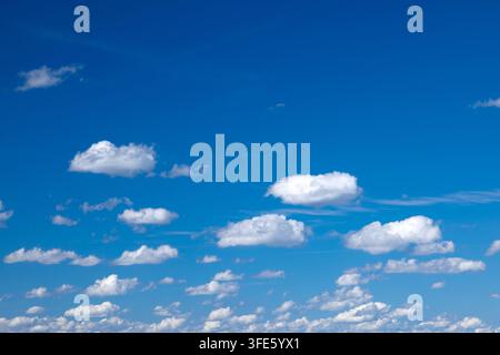 Sky background with fluffy white clouds on a bright blue sky Stock Photo