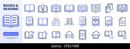 Book line icon set. Storybook, school library, literature education, reading brain, story idea, bookmark linear minimal vector illustration. Simple Stock Vector