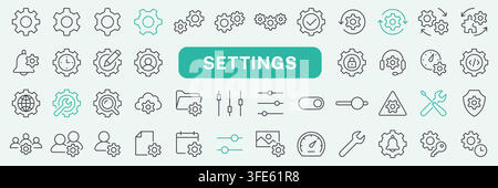 Settings line icon set. Gear, configuration, preferences, control, security, tools, account and system management linear minimal vector illustration Stock Vector