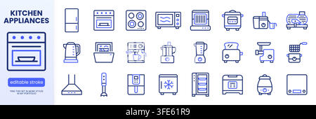 Kitchen appliances line icon set. Refrigerator, oven, microwave, blender, toaster, kettle, coffee maker linear minimal vector illustration. Simple Stock Vector