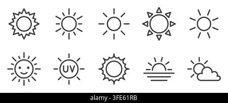 Sun line icon set. Sunshine, UV radiation, sunrise, daylight, clear weather, heat and partly cloudy symbols linear minimal vector illustration. Simple Stock Vector