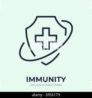 Immunity line icon. Immune protection linear vector illustration. Thin sign of medical shield with cross, orbit for healthcare, defense, wellness Stock Vector