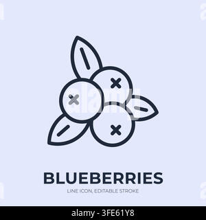 Blueberries line icon. Berry fruit linear vector illustration. Thin sign of clustered round berries with leaves for nutrition, antioxidant, superfood Stock Vector