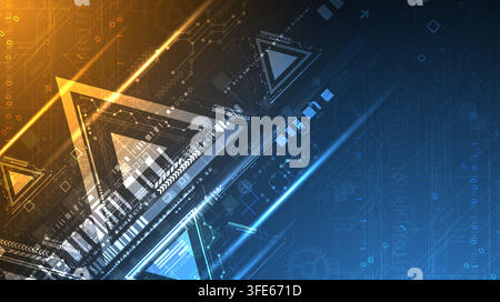 Abstract futuristic technology background with glowing geometric triangles and circuit board elements. Vector Stock Vector