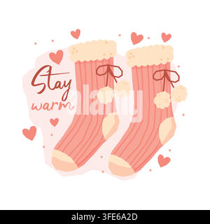 Cute pink winter socks with Stay Warm lettering vector illustration Stock Vector