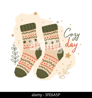 Cozy knitted winter socks with Cozy Day lettering vector illustration Stock Vector