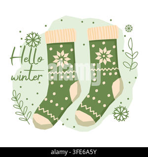 Green knitted socks with Hello Winter lettering and snowflakes vector illustration Stock Vector