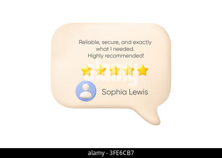 3d testimonial speech bubble shows five star rating customer review feedback profile and positive recommendation Stock Vector