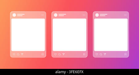 Set of Three Blank Social Media Post Layout Mockups in Modern Glassmorphism Style. Colorful Mobile App Design on Gradient Background Vector Stock Vector