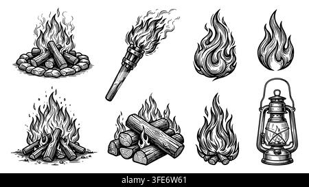 Set of vintage hand drawn fire flame torch icons in woodcut style Stock Vector