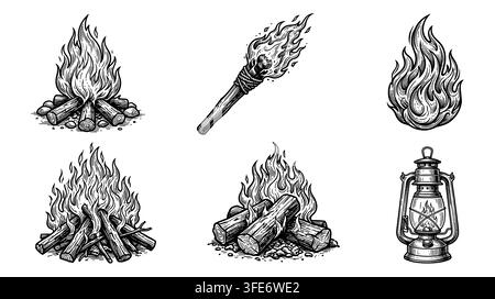 Set of vintage hand drawn fire flame torch icons in woodcut style Stock Vector
