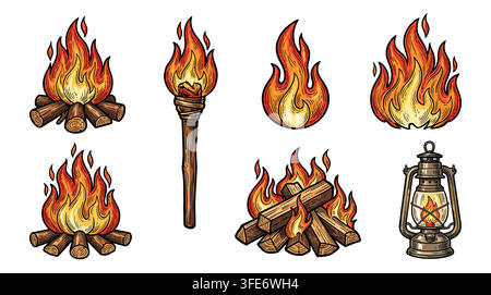 Set of vintage hand drawn fire flame torch icons in woodcut style Stock Vector