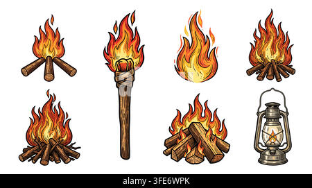 Set of vintage hand drawn fire flame torch icons in woodcut style Stock Vector
