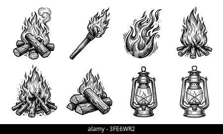 Set of vintage hand drawn fire flame torch icons in woodcut style Stock Vector