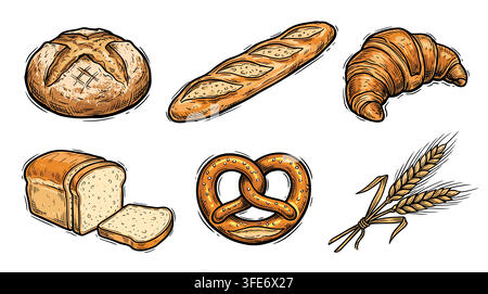 Hand drawn sketch of bread variety, sourdough, baguette, croissant, and wheat on white background Stock Vector