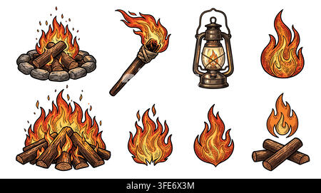 Set of vintage hand drawn fire flame torch icons in woodcut style Stock Vector