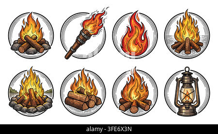 Set of vintage hand drawn fire flame torch icons in woodcut style Stock Vector