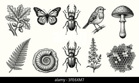 Hand Drawn Vintage Natural History Illustration Set Stock Vector
