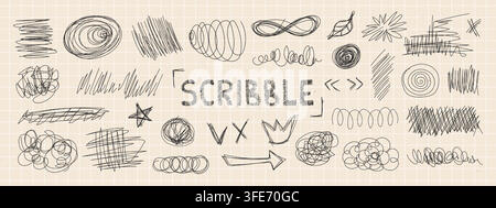 Messy pen doodles and scribbles create chaotic hand-drawn lines vector illustration set. Stock Vector