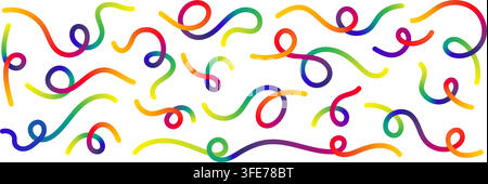 Wavy squiggle rainbow gradient color line create dynamic abstract curve vector illustration set. Stock Vector