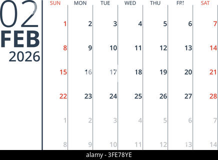 February 2026 English Simple Scandinavian Monthly Overview Template Minimal Desk Planner (Compatible with 2037 and 2043). Stock Vector