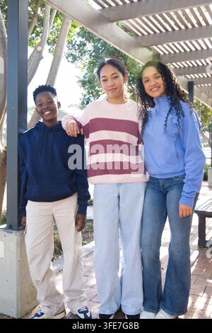 African American youths posing under slatted pergola at campus plaza, wearing hoodies and jeans Stock Photo