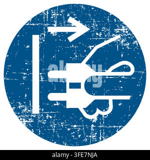 Disconnect mains plug from electrical outlet, ISO 7010 M006 Mandatory Action Sign, Distressed Grunge Texture, Weathered Worn Safety Pictogram, Blue Ev Stock Vector