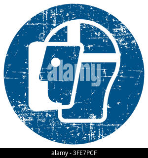 Wear a face shield, ISO 7010 M013 Mandatory Action Sign, Distressed Grunge Texture, Weathered Worn Safety Pictogram, Blue Evacuation Fire Warning Symb Stock Vector