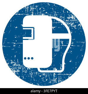 Wear a welding mask, ISO 7010 M019 Mandatory Action Sign, Distressed Grunge Texture, Weathered Worn Safety Pictogram, Blue Evacuation Fire Warning Sym Stock Vector