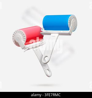 Two reusable eco lint rollers with blue and pink sticky surface floating on light gray background. Concept of sustainable home care tools, zero waste Stock Photo