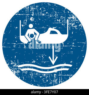 Lower rescue boat to the water launch sequence , ISO 7010 M041 Mandatory Action Sign, Distressed Grunge Texture, Weathered Worn Safety Pictogram, Blue Evacuation Fire Warning Symbol Stock Vector